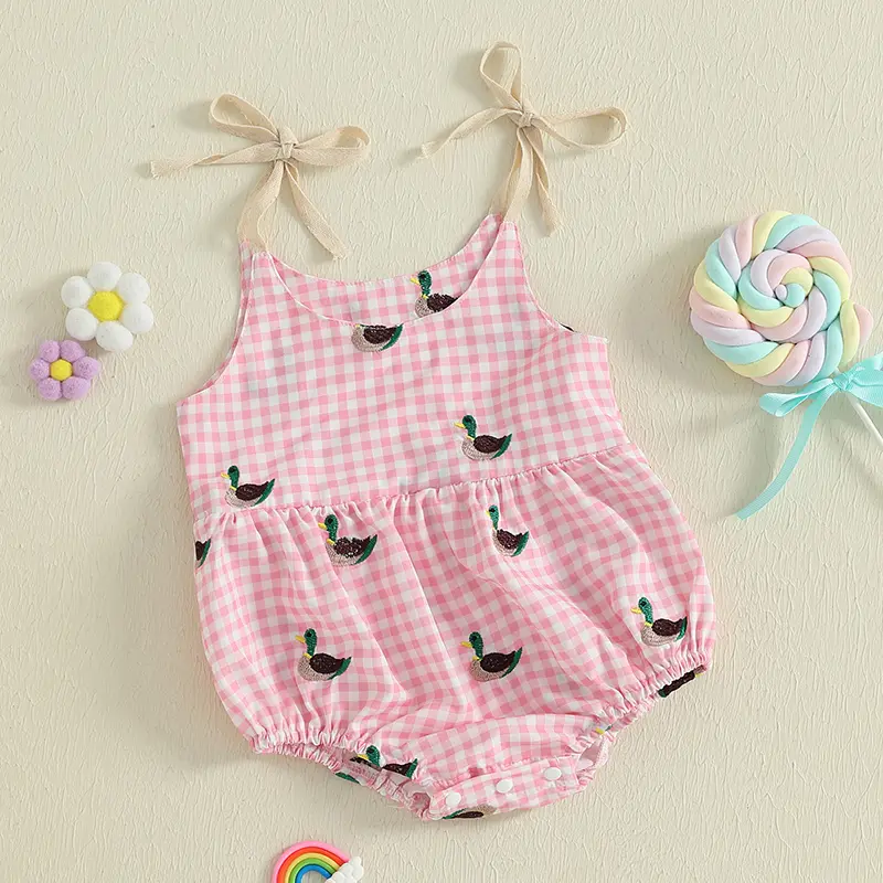 Baby Girls Romper, Sleeveless Tie-up Plaid Embroidery Duck Infant Bodysuit Summer Clothes for Casual Daily