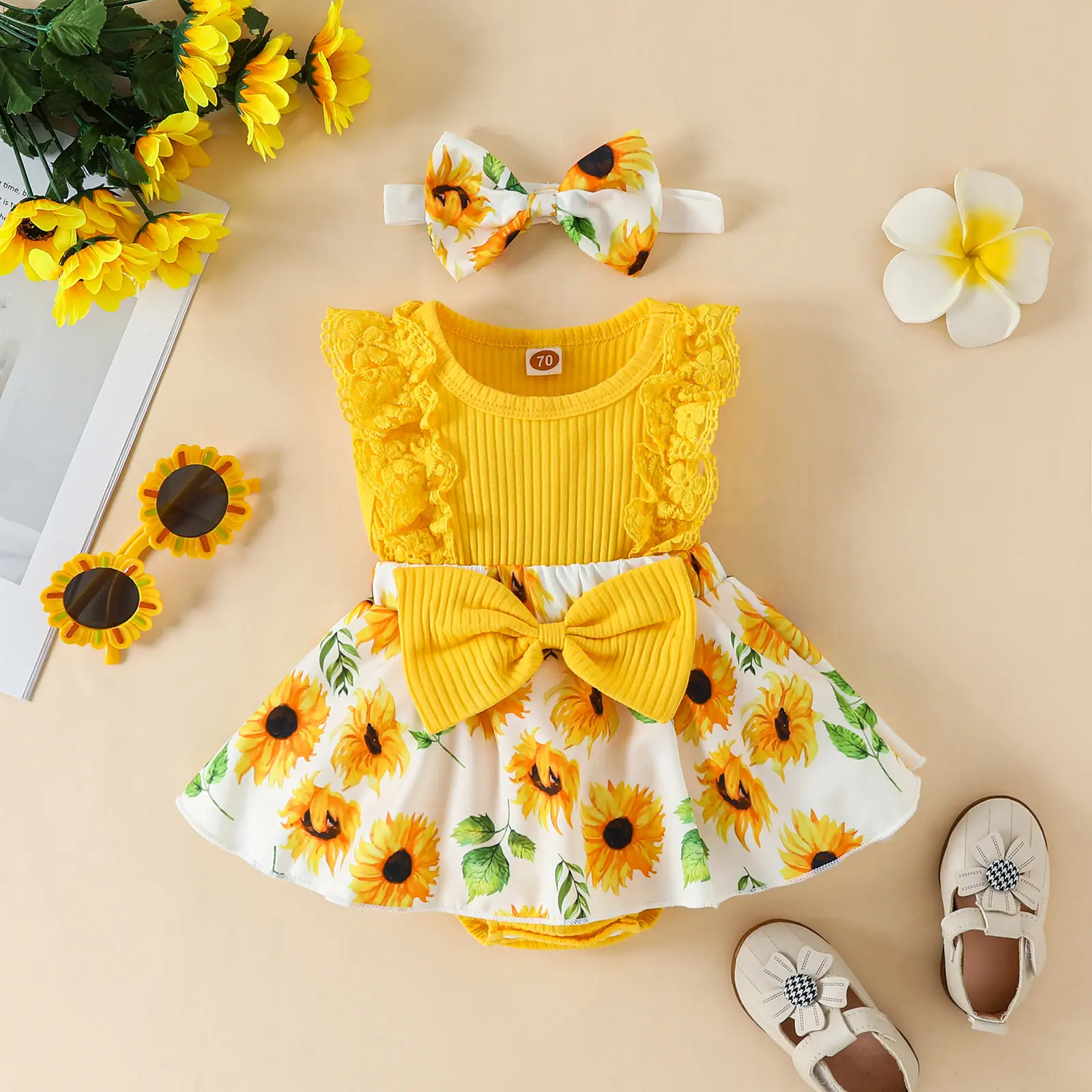 ma&baby 0-18M Baby Girls Romper Newborn Infant Toddler Lace Ruffle Floral Print Jumpsuit Sunsuit Headband Summer Outfit Clothing