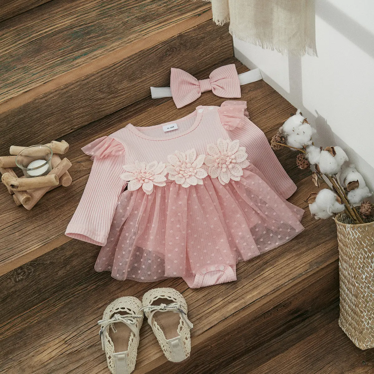 ma&baby 0-18M Baby Girls Romper Newborn Infant Toddler Long Sleeve Tulle Princess  Flower Jumpsuit Headband Spring Fall Outfits
