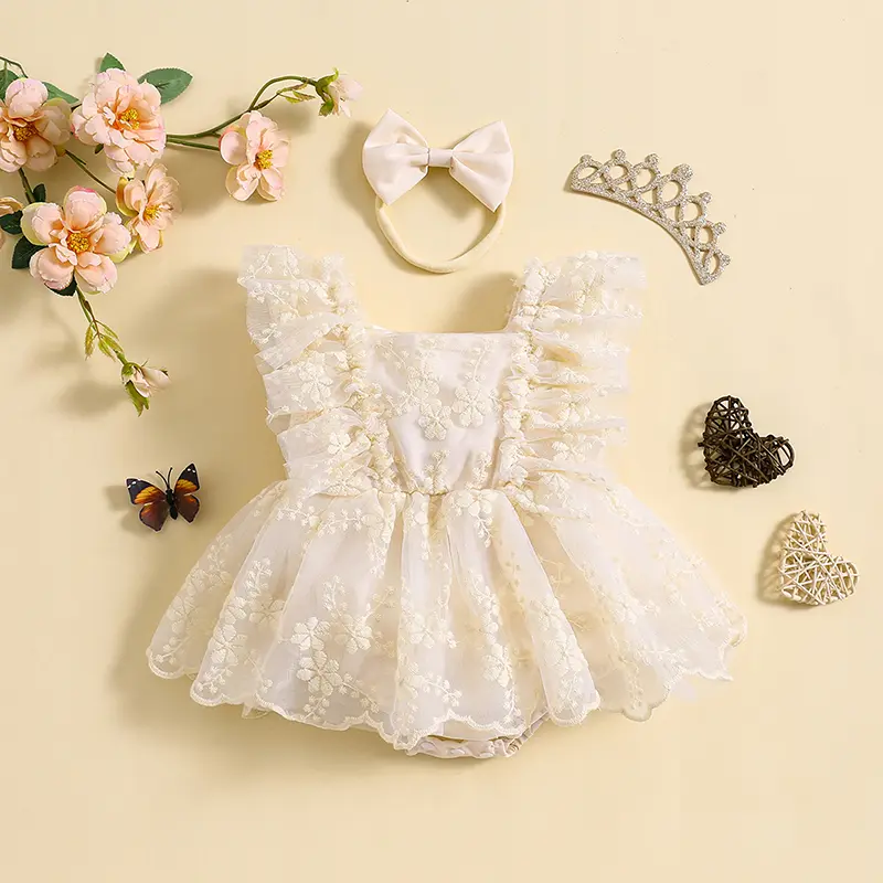 ma&baby 0-24M Baby Girl Rompers Newborn Infant Toddler Lace Ruffle Jumpsuit Princess Summer Headband Outfits