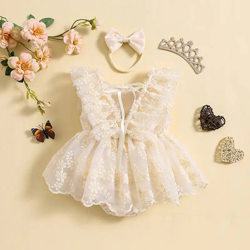 ma&baby 0-24M Baby Girl Rompers Newborn Infant Toddler Lace Ruffle Jumpsuit Princess Summer Headband Outfits