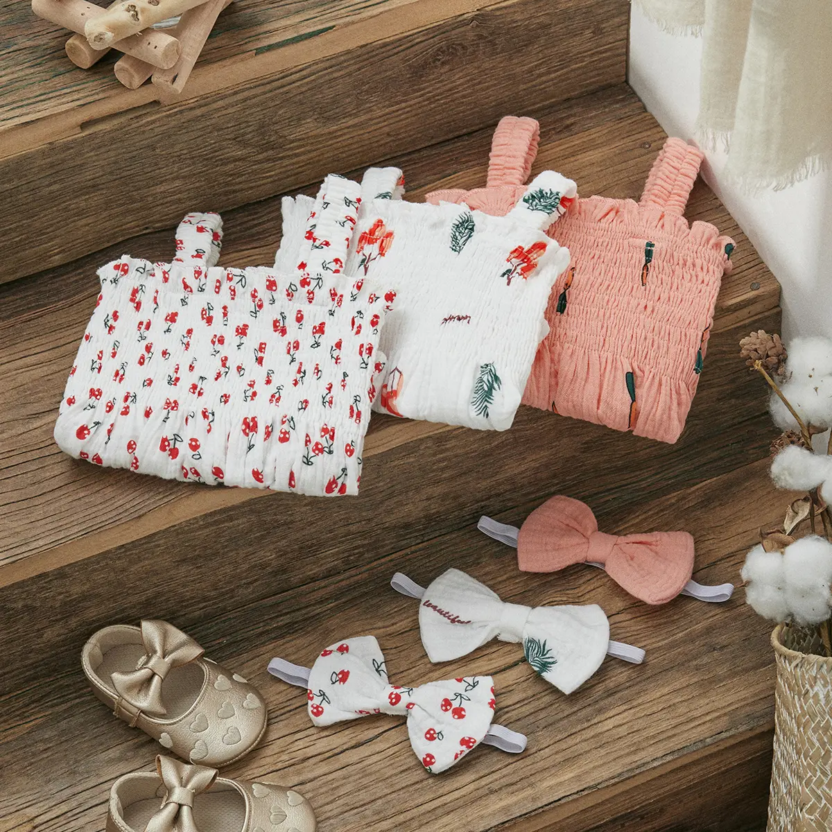 ma&baby 0-18M Newborn Baby Girls Romper Toddler Infant Jumpsuit Ruffles Sleeveless Cherry Print Overalls Summer Clothing