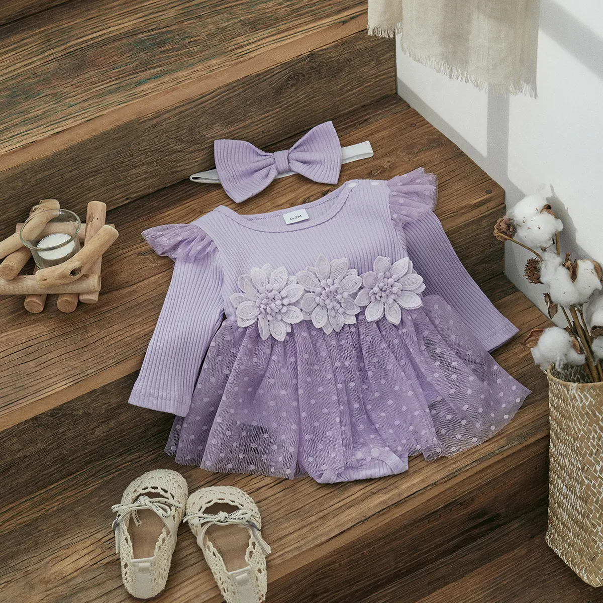 ma&baby 0-18M Baby Girls Romper Newborn Infant Toddler Long Sleeve Tulle Princess  Flower Jumpsuit Headband Spring Fall Outfits