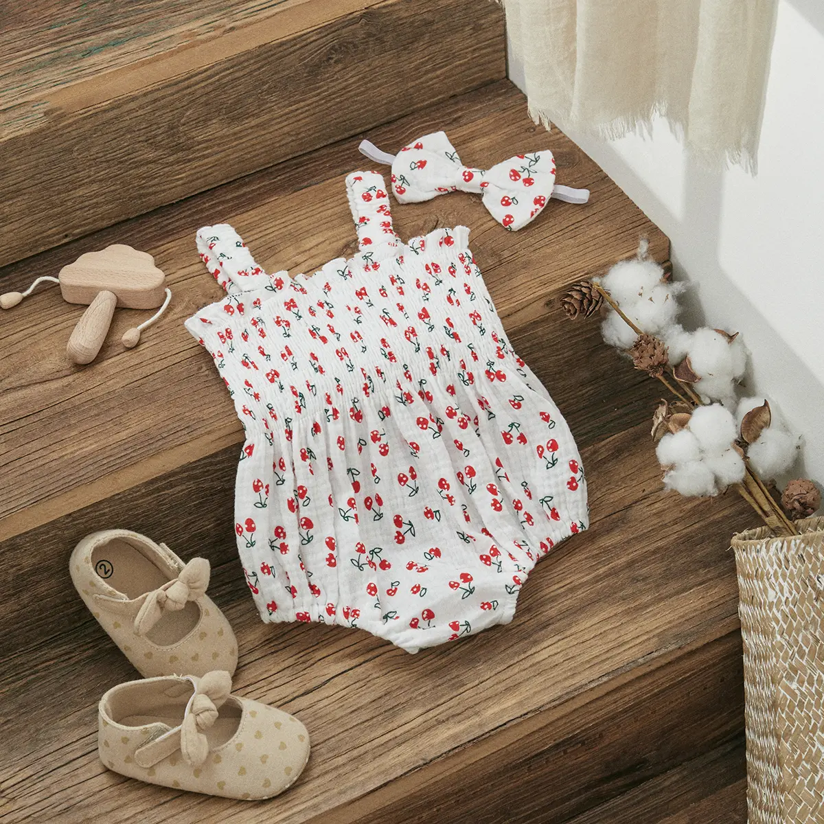 ma&baby 0-18M Newborn Baby Girls Romper Toddler Infant Jumpsuit Ruffles Sleeveless Cherry Print Overalls Summer Clothing