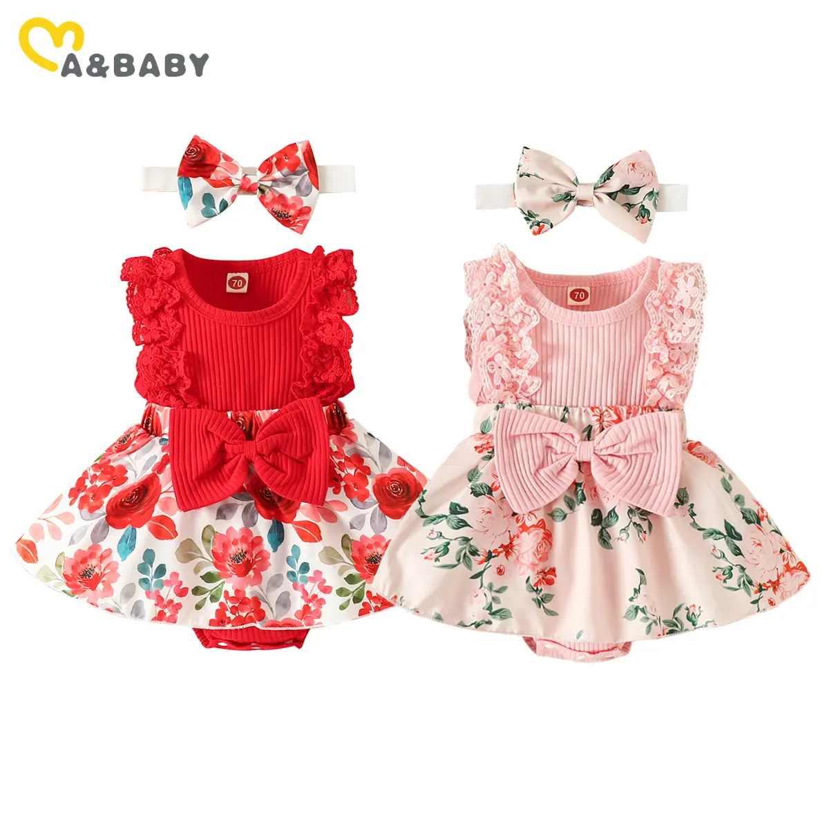 ma&baby 0-18M Baby Girls Romper Newborn Infant Toddler Lace Ruffle Floral Print Jumpsuit Sunsuit Headband Summer Outfit Clothing