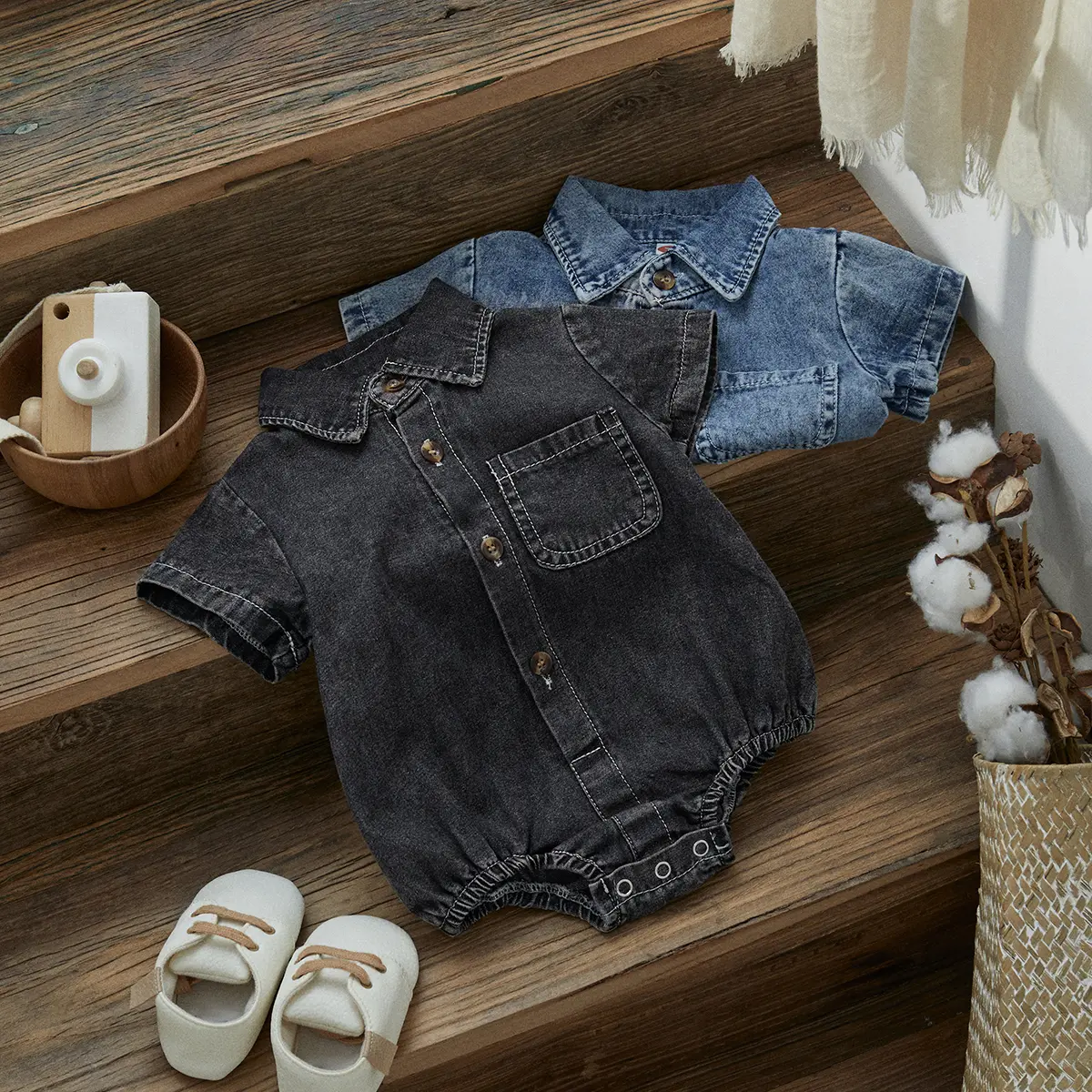ma&baby 0-18M Baby Boy Girl Denim Romper Newborn Infant Toddler Jumpsuit Solid Color Short Sleeve  Summer Clothing