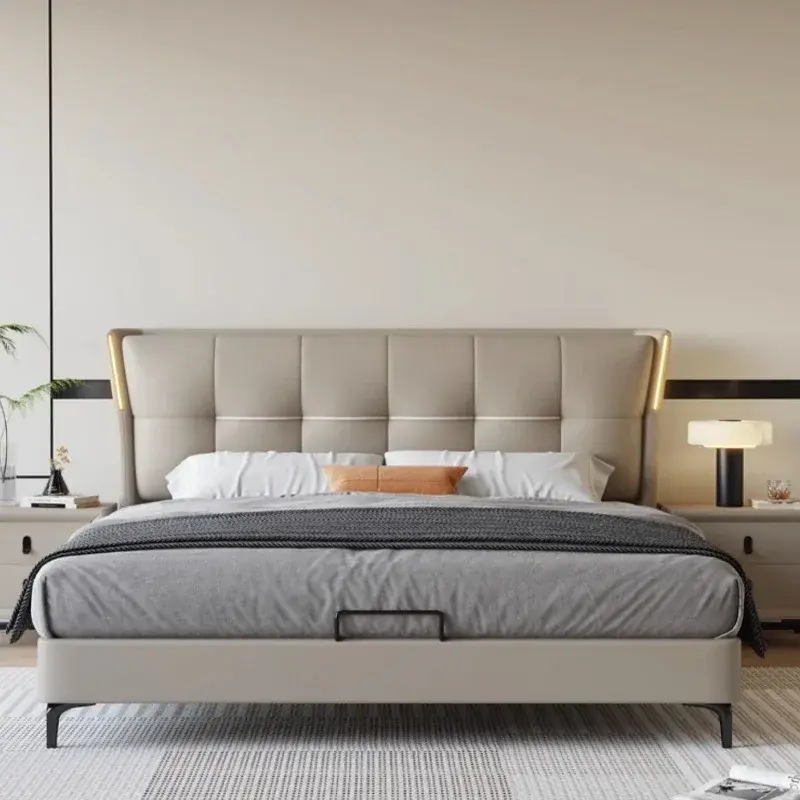 Large Wood Frame Bed Modern Headboard Organizer Storage Bedroom Double Bed Bases Full Size High Cama Grande Bedroom Furniture