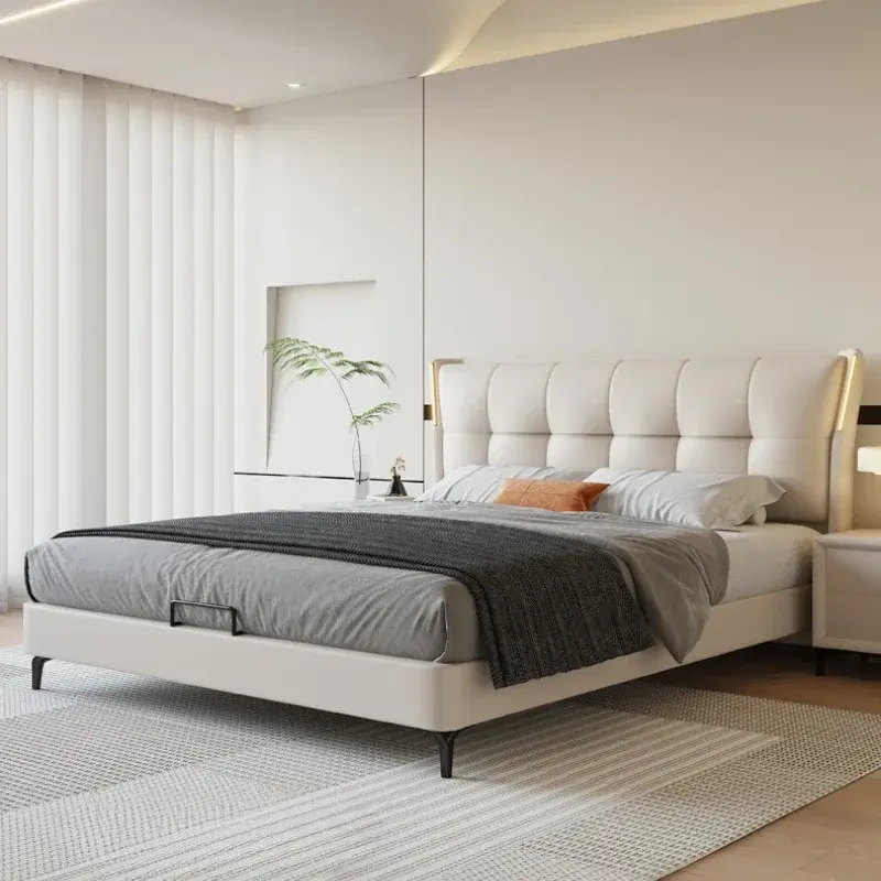 Large Wood Frame Bed Modern Headboard Organizer Storage Bedroom Double Bed Bases Full Size High Cama Grande Bedroom Furniture