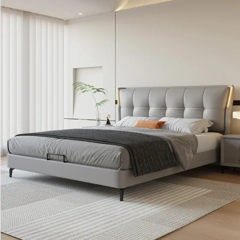 Large Wood Frame Bed Modern Headboard Organizer Storage Bedroom Double Bed Bases Full Size High Cama Grande Bedroom Furniture