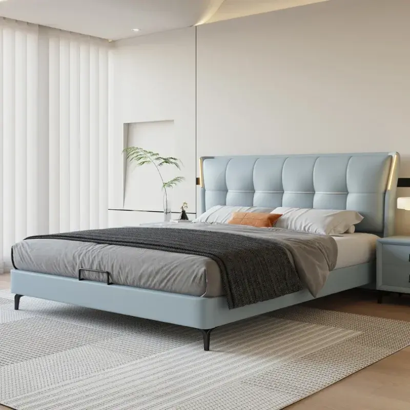 Large Wood Frame Bed Modern Headboard Organizer Storage Bedroom Double Bed Bases Full Size High Cama Grande Bedroom Furniture