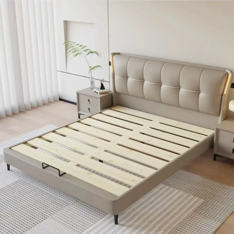 Large Wood Frame Bed Modern Headboard Organizer Storage Bedroom Double Bed Bases Full Size High Cama Grande Bedroom Furniture