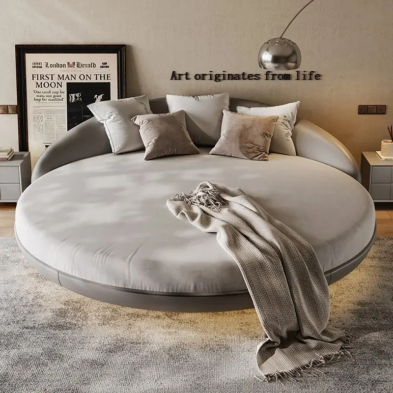 Modern Leather Round Double Bed Minimalist Romantic Couple Hotel Homestay Princess Bed Floating Queen Cama Bedroom Furniture
