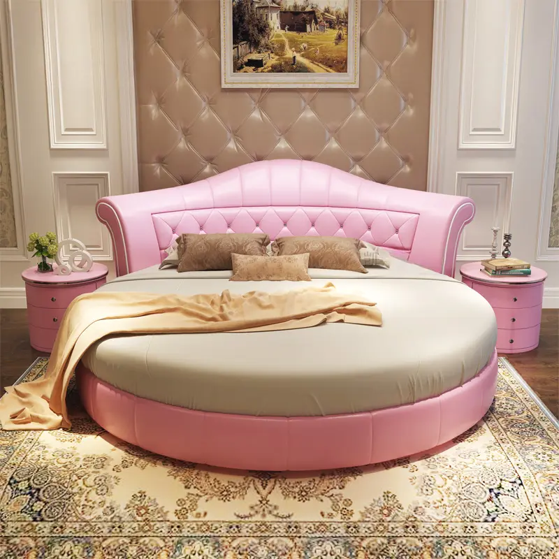 Princess Pretty Pink Double Bed Modern King Size Queen Comfortable Round Bed Luxury Bedframe Camas Twin Bedroom Furniture