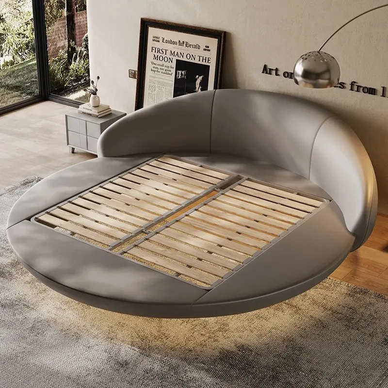 Modern Leather Round Double Bed Minimalist Romantic Couple Hotel Homestay Princess Bed Floating Queen Cama Bedroom Furniture