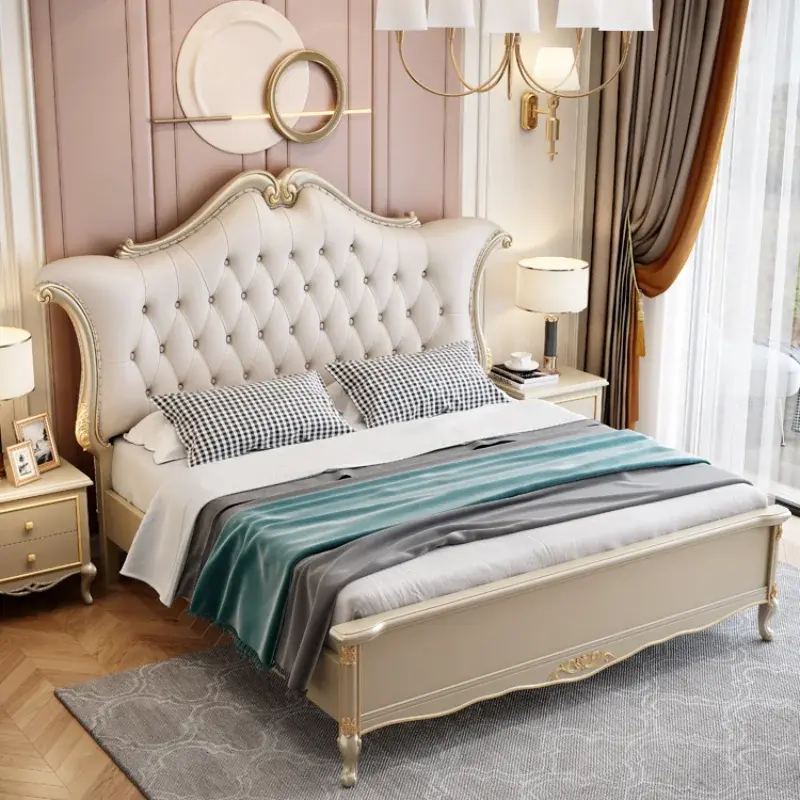 Europen Wood Modern Bed Headboard Beige Designer Full Size Double Bed Bedroom Bases Storage Cama Grande Bedroom Furniture