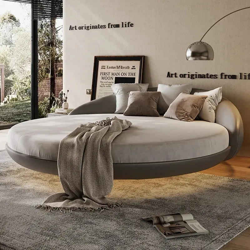 Modern Leather Round Double Bed Minimalist Romantic Couple Hotel Homestay Princess Bed Floating Queen Cama Bedroom Furniture