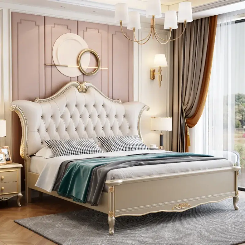 Europen Wood Modern Bed Headboard Beige Designer Full Size Double Bed Bedroom Bases Storage Cama Grande Bedroom Furniture