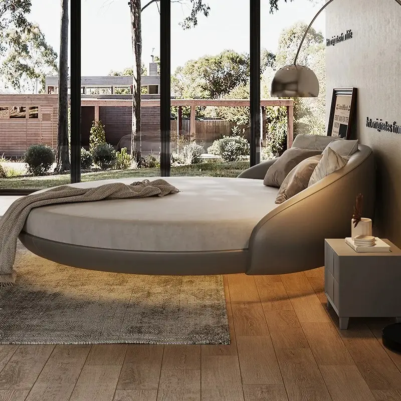 Modern Leather Round Double Bed Minimalist Romantic Couple Hotel Homestay Princess Bed Floating Queen Cama Bedroom Furniture