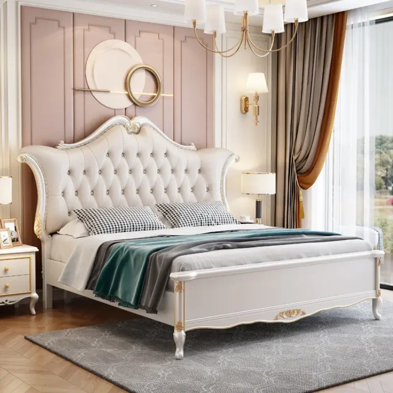 Europen Wood Modern Bed Headboard Beige Designer Full Size Double Bed Bedroom Bases Storage Cama Grande Bedroom Furniture