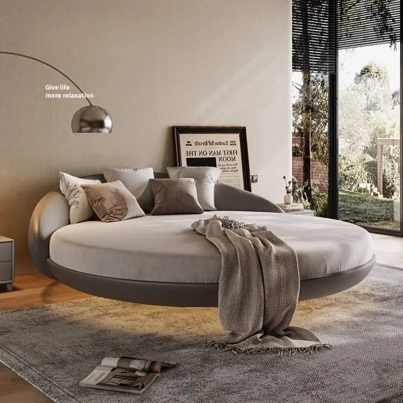 Modern Leather Round Double Bed Minimalist Romantic Couple Hotel Homestay Princess Bed Floating Queen Cama Bedroom Furniture