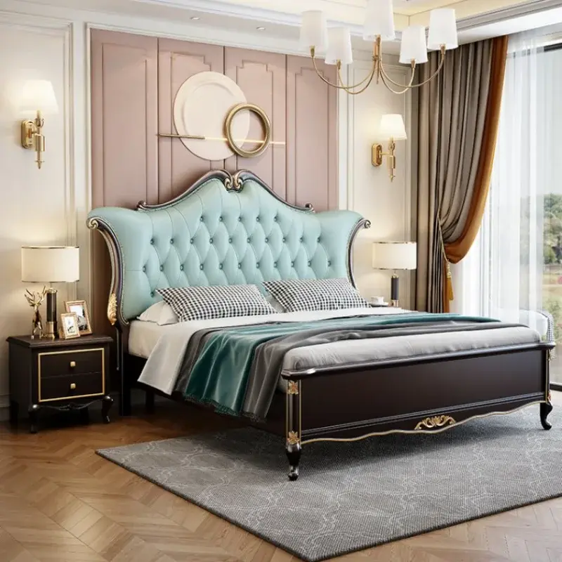 Europen Wood Modern Bed Headboard Beige Designer Full Size Double Bed Bedroom Bases Storage Cama Grande Bedroom Furniture