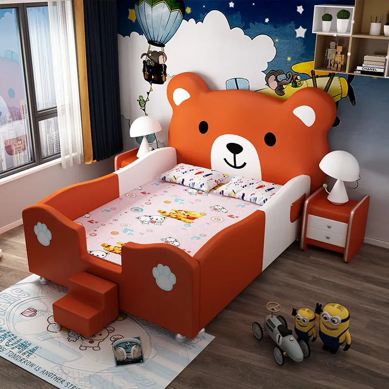 Creative Cartoon Bear Children's Bed Modern Simple Princess Bed Solid Wood 1.5m Single Bed With Guardrail Cama Furniture Home