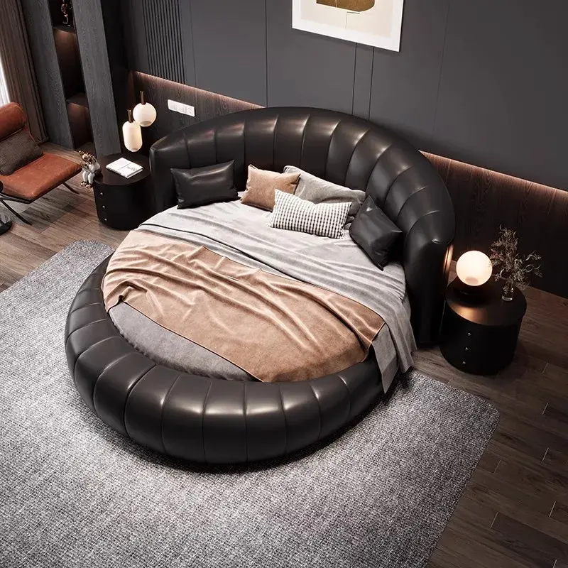 Adults Luxury Modern Double Bed Luxury Leather Design King Size Round Bed Loft Mattress Letto Matrimoniale Bedroom Furniture