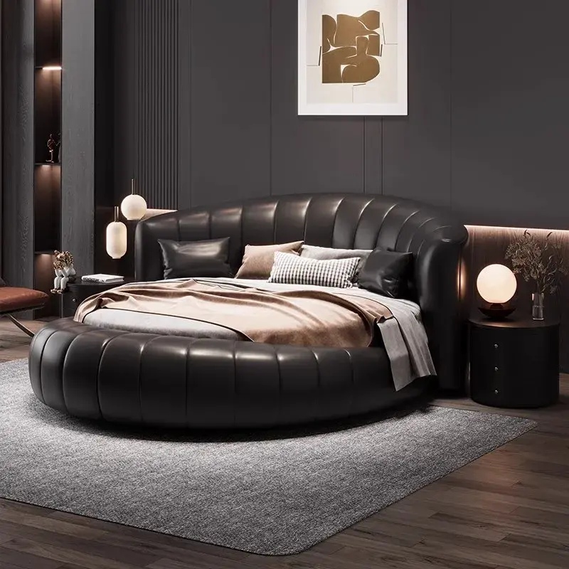 Adults Luxury Modern Double Bed Luxury Leather Design King Size Round Bed Loft Mattress Letto Matrimoniale Bedroom Furniture