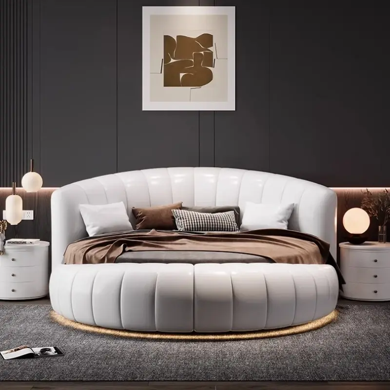 Adults Luxury Modern Double Bed Luxury Leather Design King Size Round Bed Loft Mattress Letto Matrimoniale Bedroom Furniture