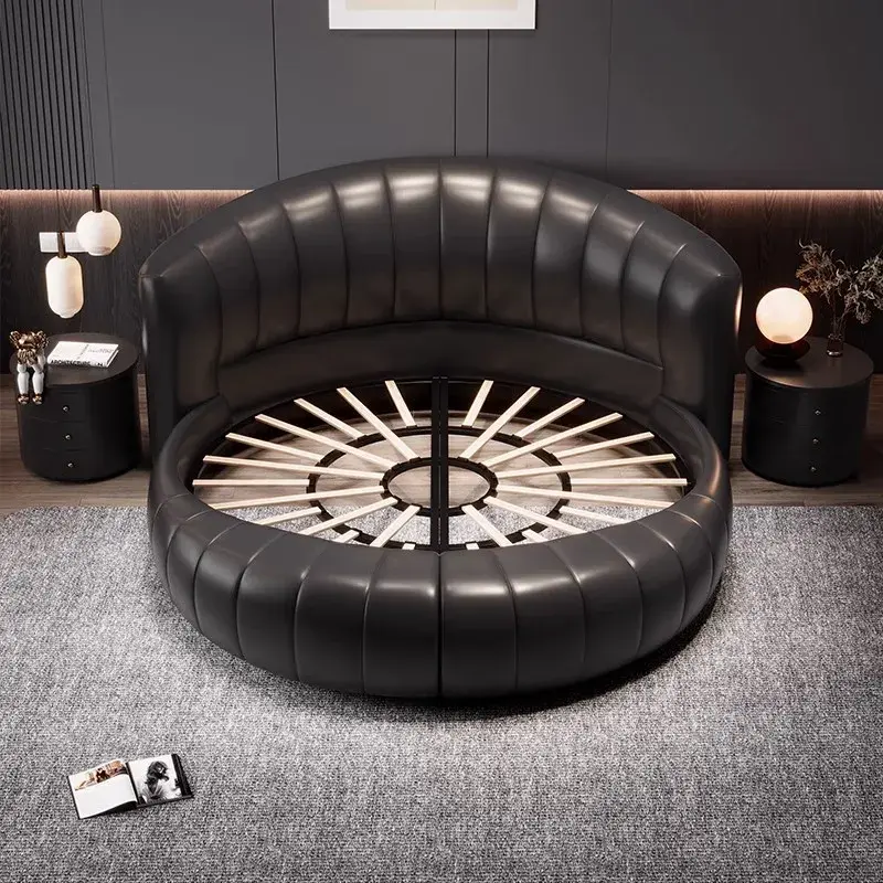 Adults Luxury Modern Double Bed Luxury Leather Design King Size Round Bed Loft Mattress Letto Matrimoniale Bedroom Furniture