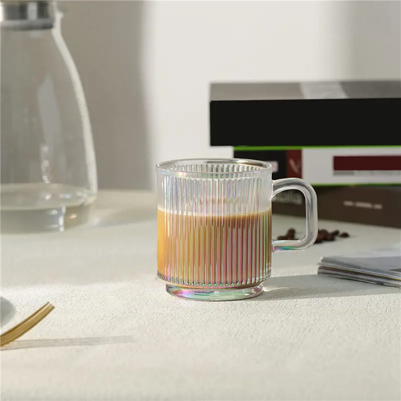 HGHO 4Pc Glass Coffee Cup With Lid Glass Coffee Mugs Ribbed Coffee Glasses With Handle For Latte Cappuccino Tea Milk A