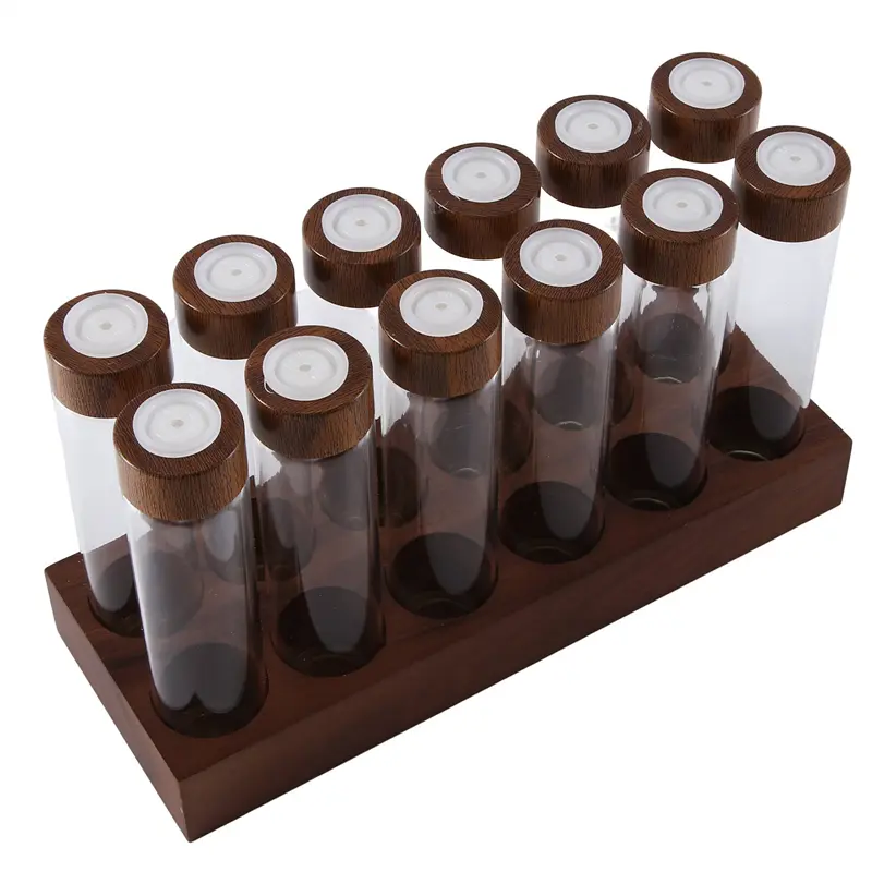 HGHO 12PCS Coffee Bean Storage Tubes Coffee Bean Cellar Wooden Display Stand And Funnel Espresso Accessories Parts