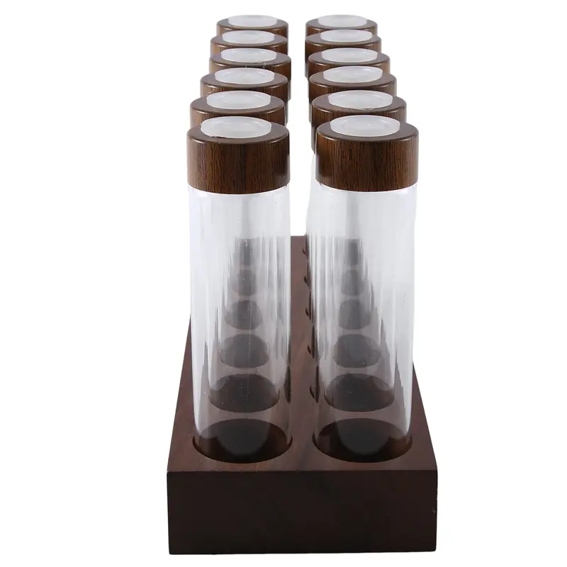 HGHO 12PCS Coffee Bean Storage Tubes Coffee Bean Cellar Wooden Display Stand And Funnel Espresso Accessories Parts