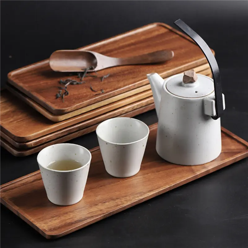 HGHO 3X Acacia Wooden Tray, Solid Wood Wooden Afternoon Tea Tray, Fruit Tray, Coffee Shop Simple Snack Tray
