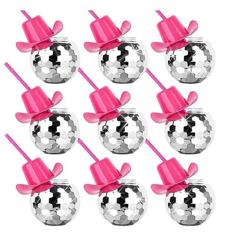 HGHO 9Pcs Spherical Wine Glasses Party Cups With Straws Cocktail Glasses Hat Plated Drinking Glasses Shiny Durable Silver&Pink