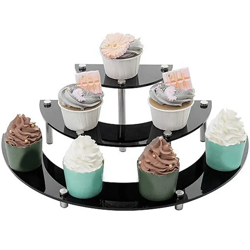 HGHO 2X Acrylic Risers Display Stand, 3 Tier Black Cupcake Stand Display Holder Half Moon Dessert Stand Organizer Shelf