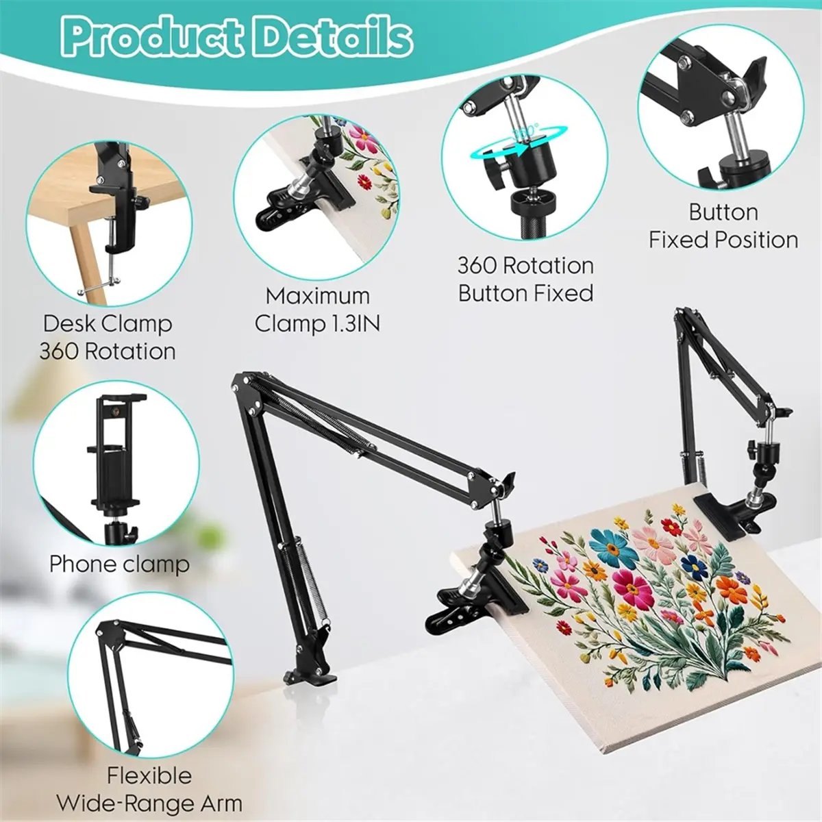 New 2pc Adjustable Embroidery Hoop Holder Rotating Hoop Holder Folding for Embroidery Hoop,Needle Art Frame and Phone Holder