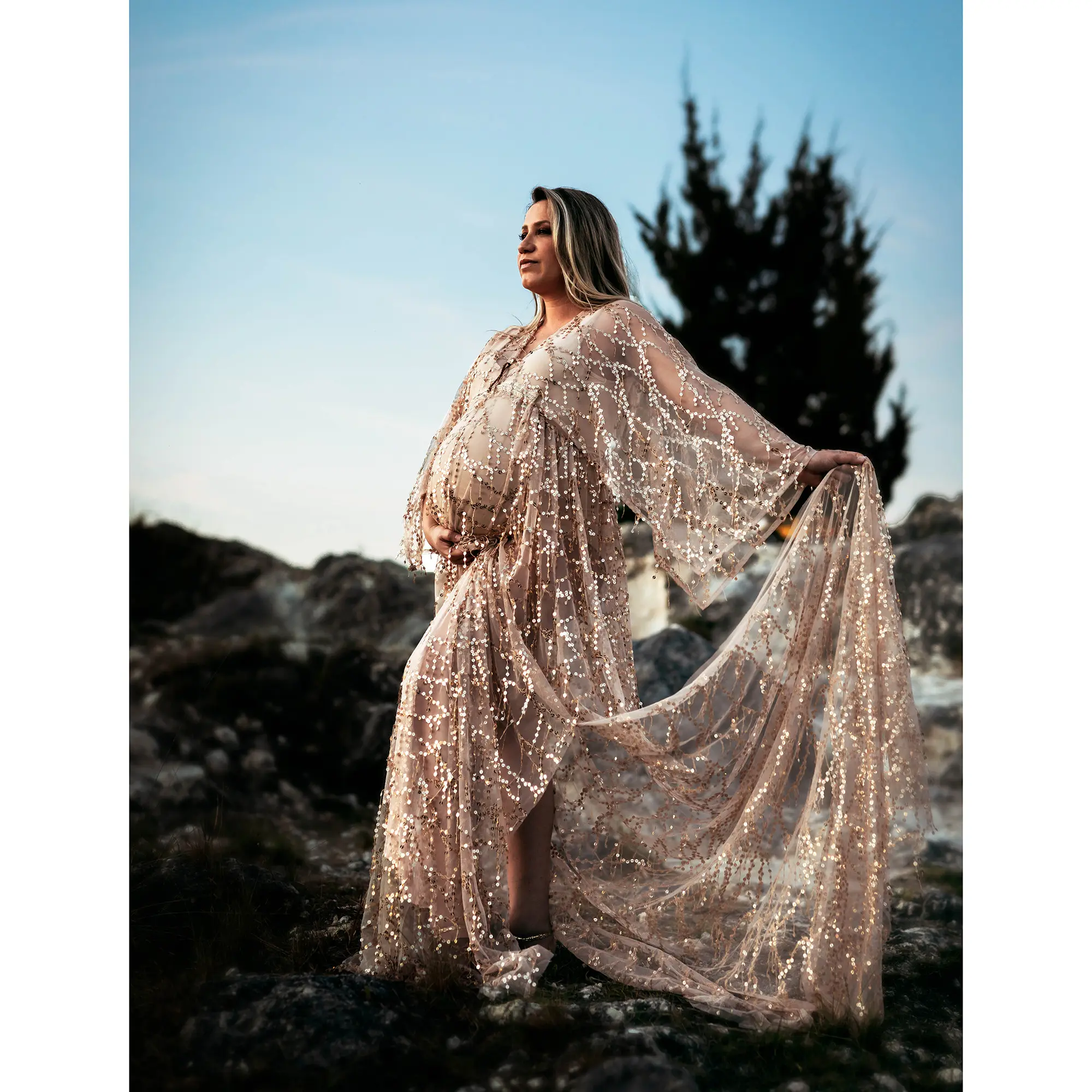 Don&Judy Sequin Sparkly Tassel Maternity Photoshooting Dress Glitter Sexy See Through Bride Robe Pregnant Women Photography Gown