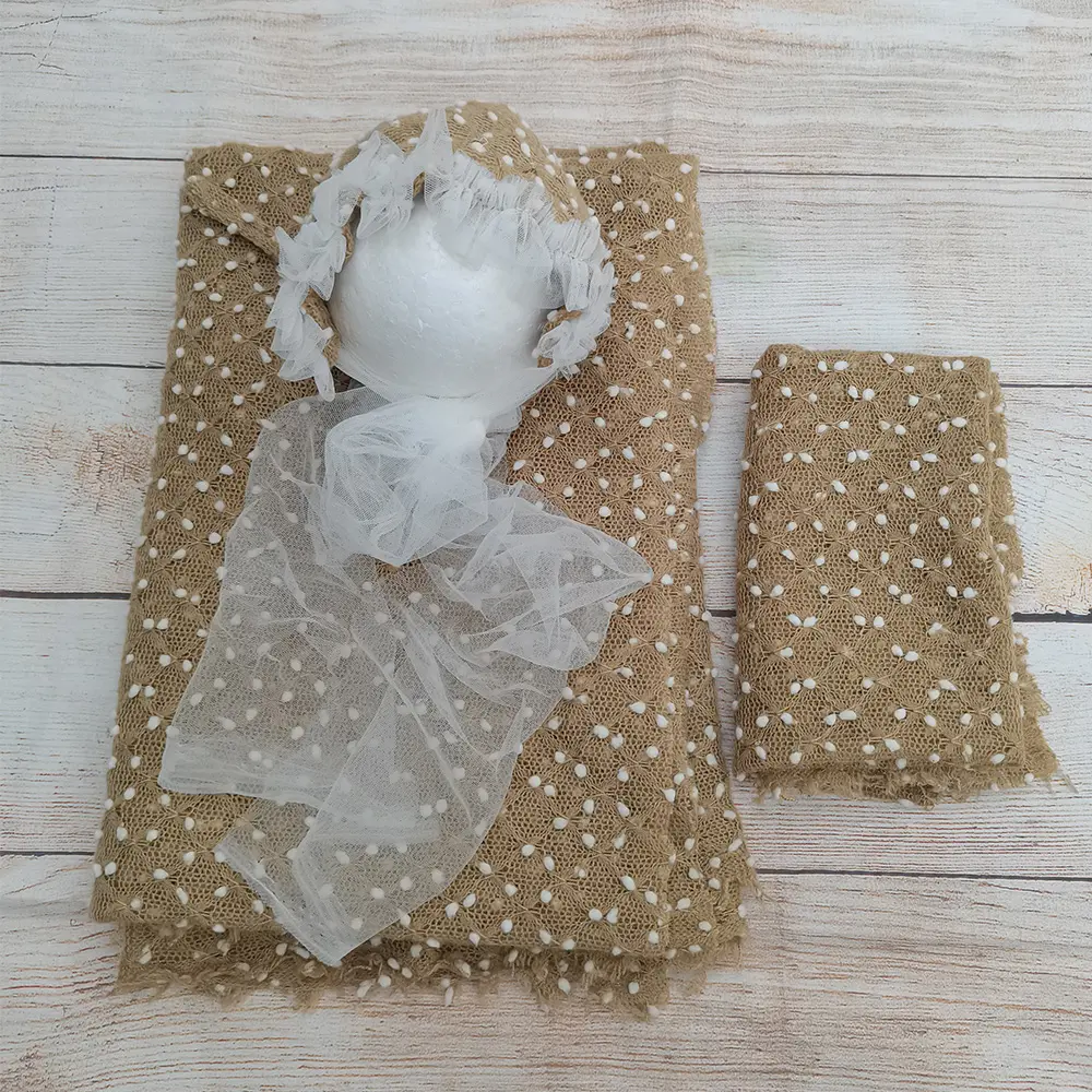 A Set 150X100CM Dot Fabric,75X50CM Bobble Wraps,Photo Shoot Bonnet Newborn Baby Lacework Headband Infant Photography Accessories