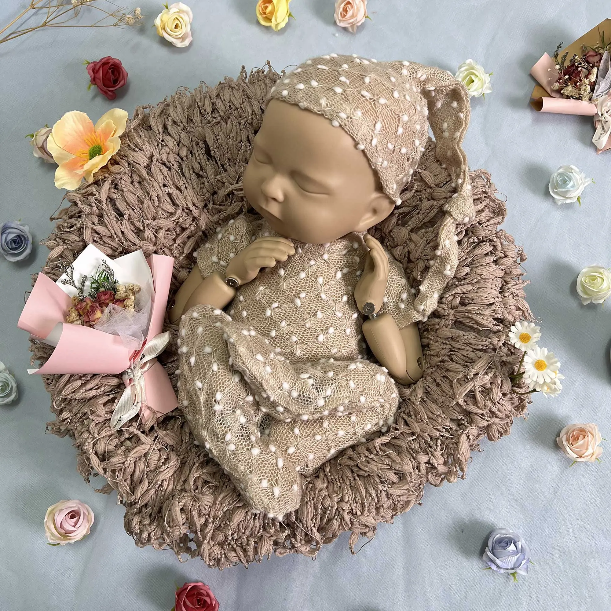 Don&Judy Newborn Bodysuit Hat Set Photography Props Baby Romper Long Tail Cap Infant Jumpsuit Fotografia Accessories Photo Shoot