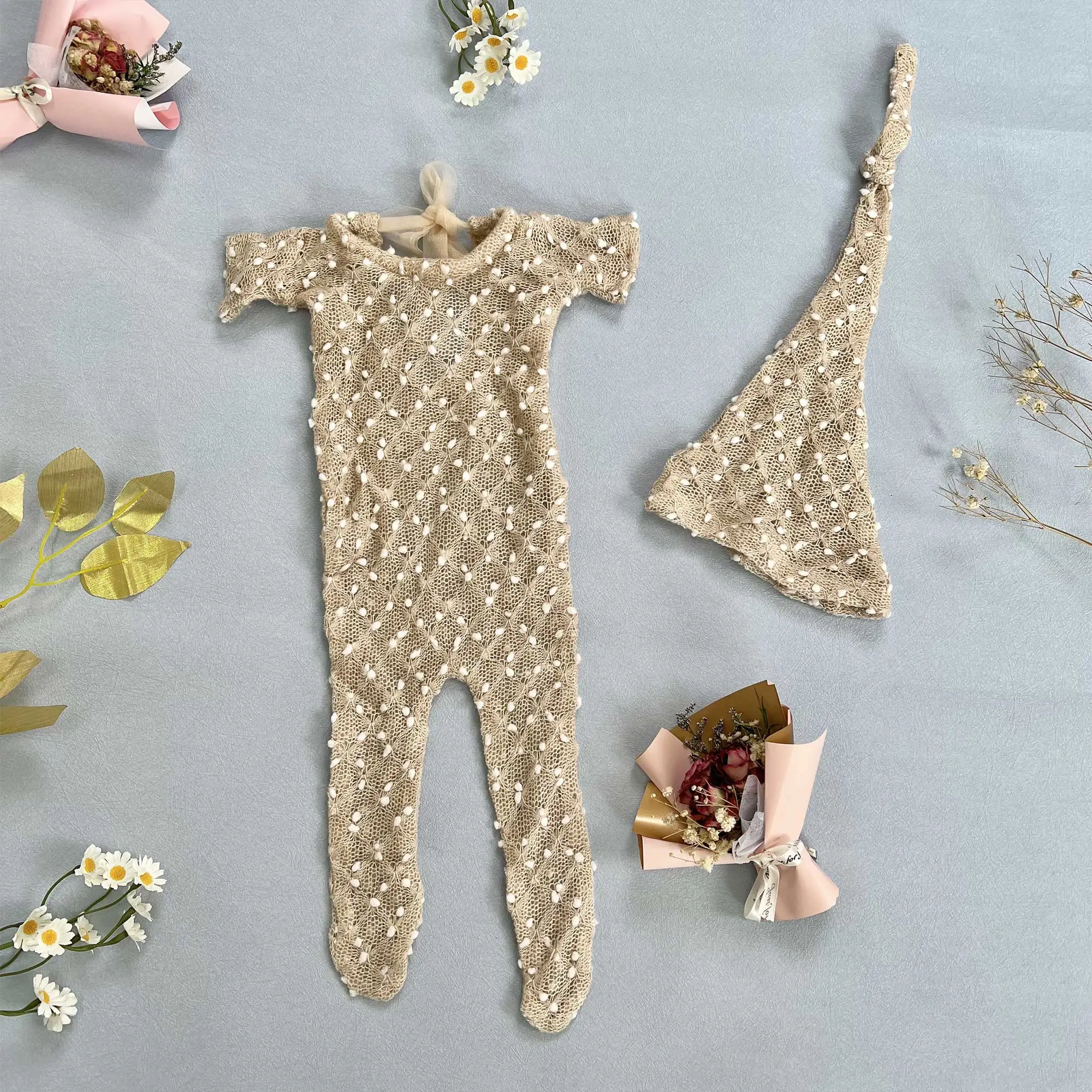 Don&Judy Newborn Bodysuit Hat Set Photography Props Baby Romper Long Tail Cap Infant Jumpsuit Fotografia Accessories Photo Shoot