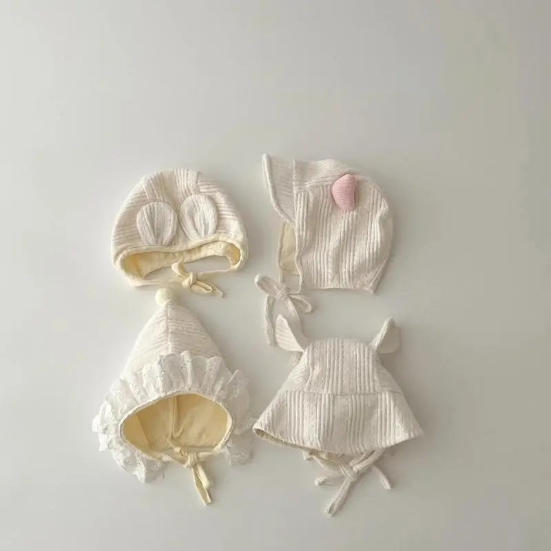 M76C Girl Hat Cotton Solid Infant Beanie for 0-12 Months Newborns Lace Up Bonnet