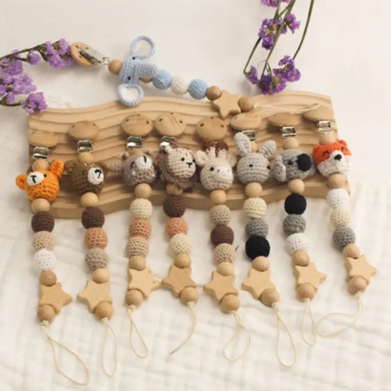 Handmade Crochet Rabbit Elephant Lion Animal Head Knitting Beads DIY Baby Pacifier Chain Chewable Accessories Infant Teether toy
