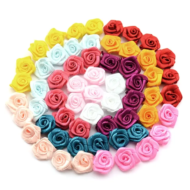 100pcs Mix Color small rose flower mini handmade satin ribbon rose head wedding scrapbooking decoration clothes accessories