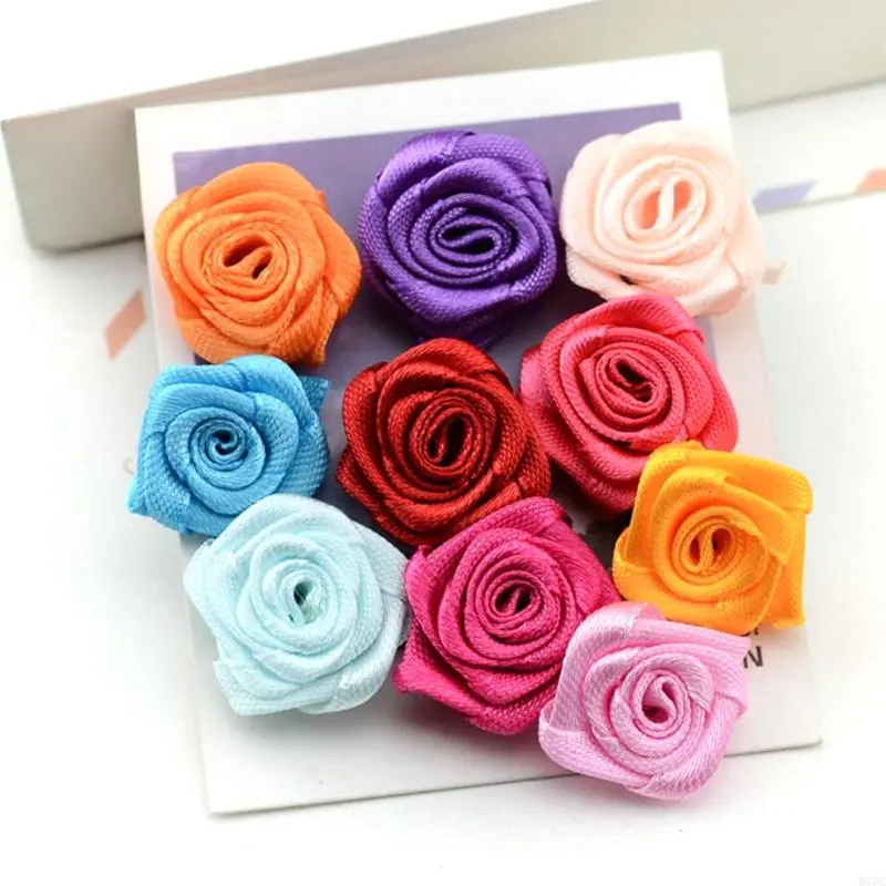 100pcs Mix Color small rose flower mini handmade satin ribbon rose head wedding scrapbooking decoration clothes accessories