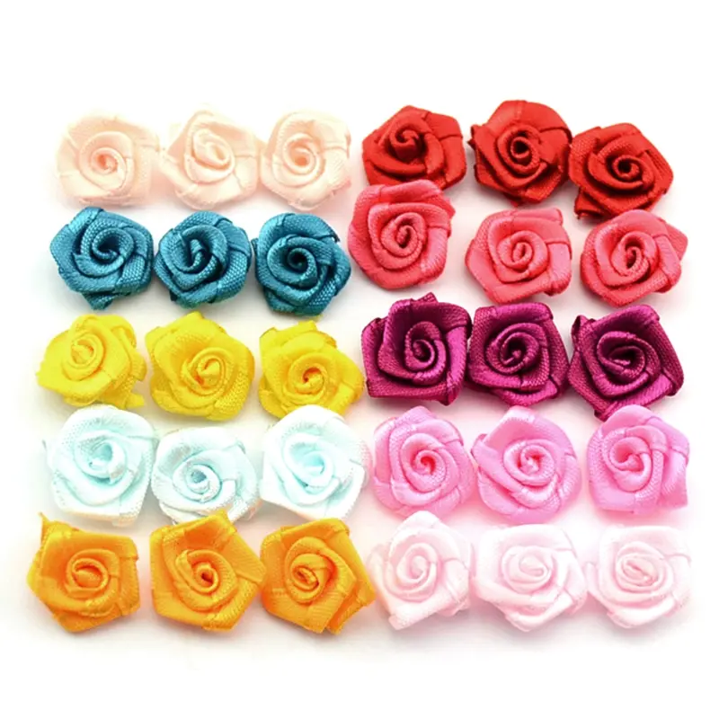 100pcs Mix Color small rose flower mini handmade satin ribbon rose head wedding scrapbooking decoration clothes accessories