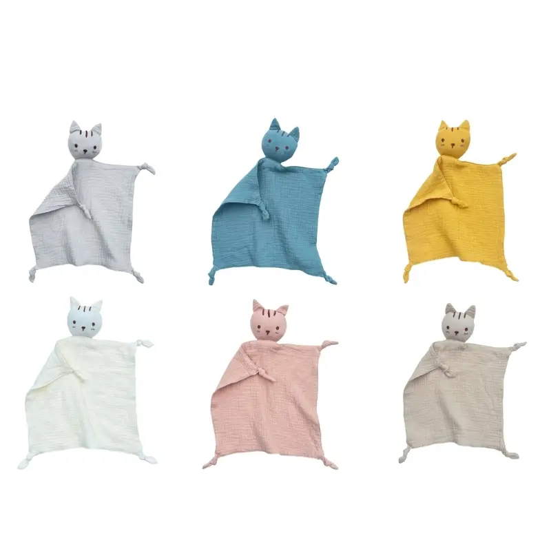 Soft Cotton Muslin Baby Bib Stuffed cat Doll Newborn Appease Towel Security Blanket Baby Sleeping Cuddling Towel Facecloth