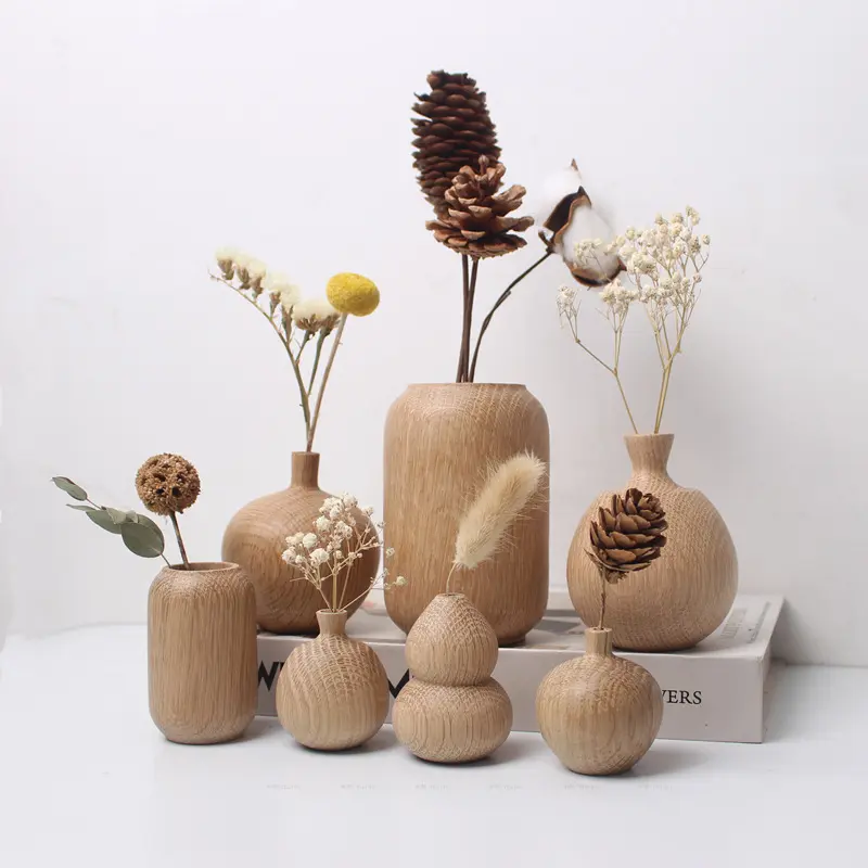 Solid Wood Small Vase Dry Flower Arrangement Vase Mini Wooden Vase Crafts Ornament Creative Home Living Room Tabletop Decoration