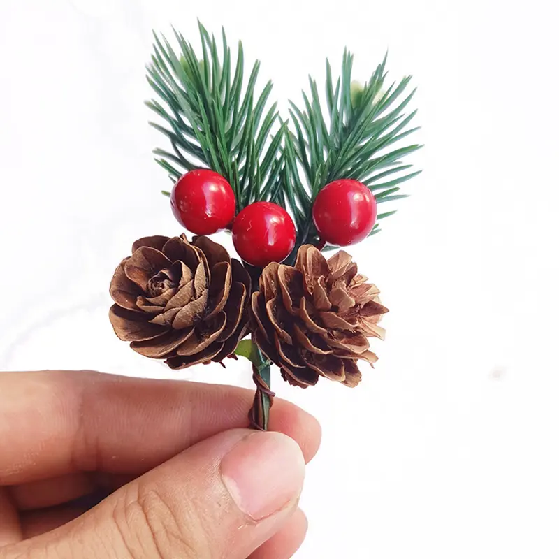 10Pcs Christmas Pine Picks Artificial Red Berries Branches with Pinecone Stem For DIY Wreath Home Christmas Party Decor Supplies