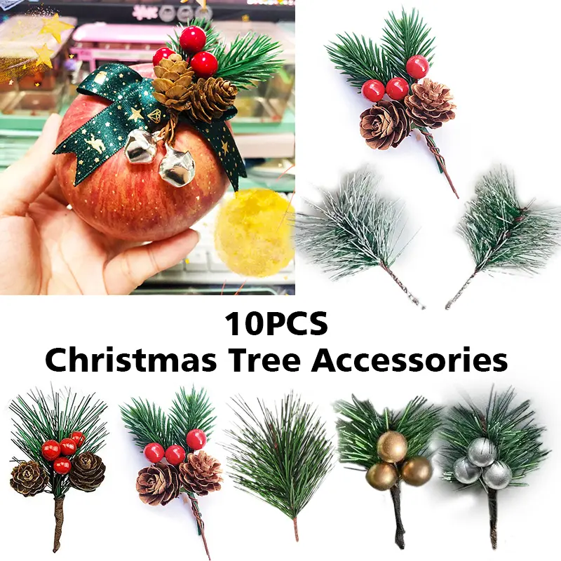 10Pcs Christmas Pine Picks Artificial Red Berries Branches with Pinecone Stem For DIY Wreath Home Christmas Party Decor Supplies